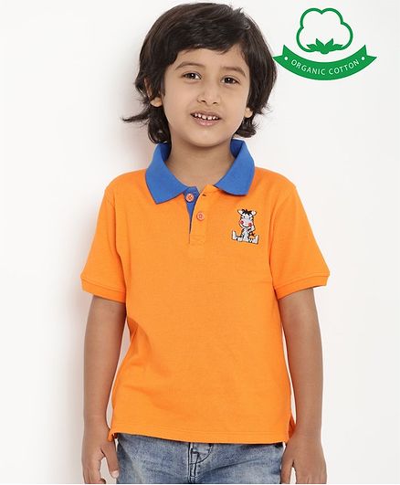 berrytree Organic Cotton Half Sleeves Zebra Embroidered T-Shirt - Orange