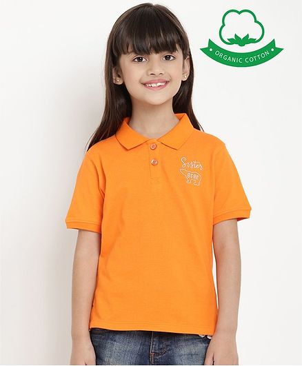 berrytree Organic Cotton Half Sleeves Sister Bear Embroidered T-Shirt - Orange