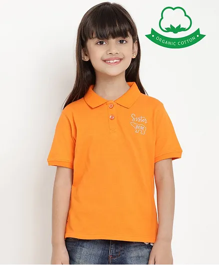 berrytree Organic Cotton Half Sleeves Sister Bear Embroidered T-Shirt - Orange
