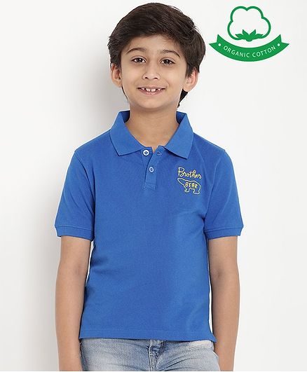 berrytree Organic Cotton Half Sleeves Brother Bear Embroidered T-Shirt - Blue