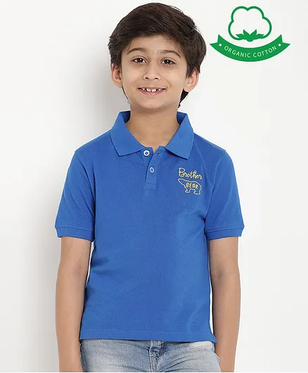 berrytree Organic Cotton Half Sleeves Brother Bear Embroidered T-Shirt - Blue
