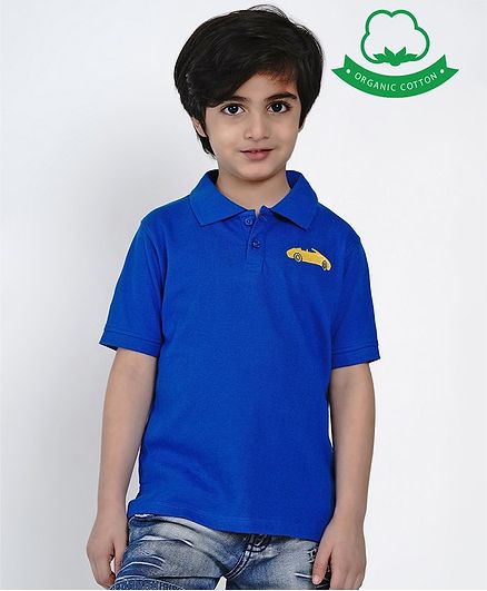 berrytree Organic Cotton Half Sleeves Car Embroidered T-Shirt - Blue