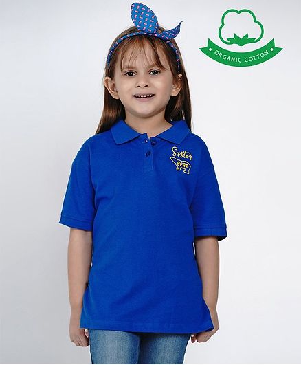 berrytree Organic Cotton Half Sleeves Sister Bear Embroidered T-Shirt - Blue