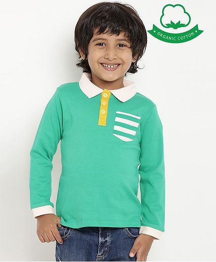 berrytree Organic Cotton Full Sleeves Striped Pocket Design Polo T-Shirt - Green
