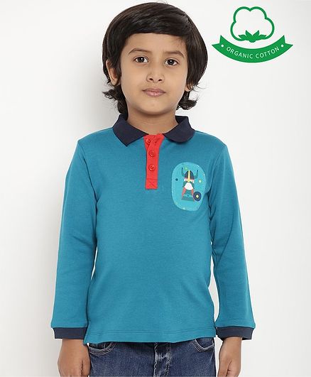 berrytree Organic Cotton Full Sleeves Cartoon Patch Polo T-Shirt - Teal Blue