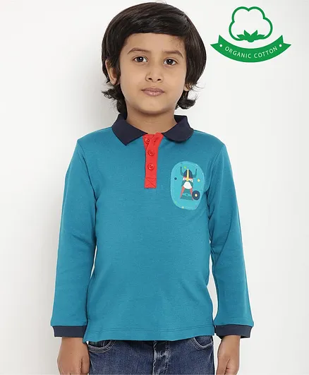 berrytree Organic Cotton Full Sleeves Cartoon Patch Polo T-Shirt - Teal Blue