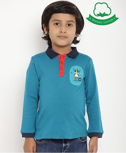 berrytree Organic Cotton Full Sleeves Cartoon Patch Polo T-Shirt - Teal Blue