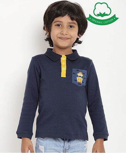 berrytree Organic Cotton Full Sleeves Cartoon Patch Pocket Design Polo T-Shirt - Blue