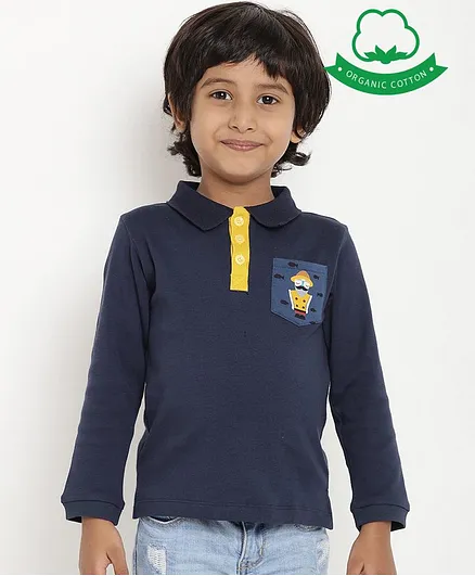 berrytree Organic Cotton Full Sleeves Cartoon Patch Pocket Design Polo T-Shirt - Blue