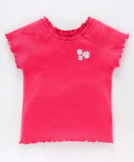 Pine Kids Half Sleeves Premium Derby Rib Lycra Bio Wash Top Floral Embroidery - Dark Pink