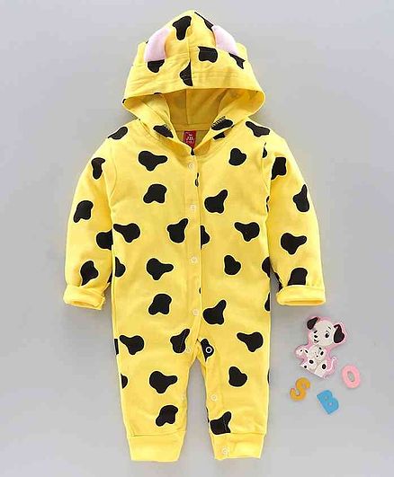 Jb Club Printed Full Sleeves Hooded Romper - Yellow