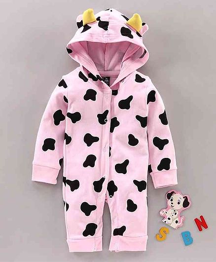 Jb Club Full Sleeves Cartoon Printed Hooded Romper - Pink