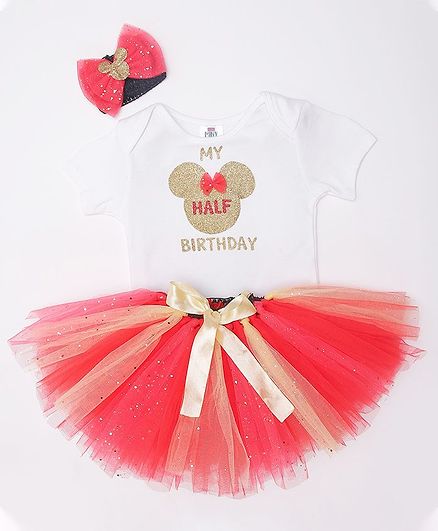 TINY MINY MEE My Half Birthday Print Half Sleeves Onesie With Headband & Tulle Skirt - White & Red