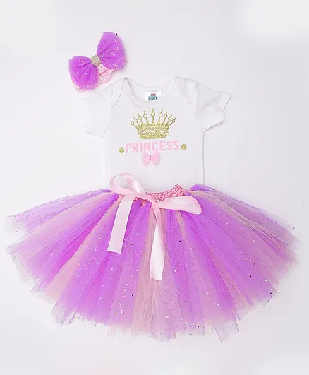 TINY MINY MEE Princess Print Half Sleeves Onesie With Tulle Skirt & Headband - White & Purple