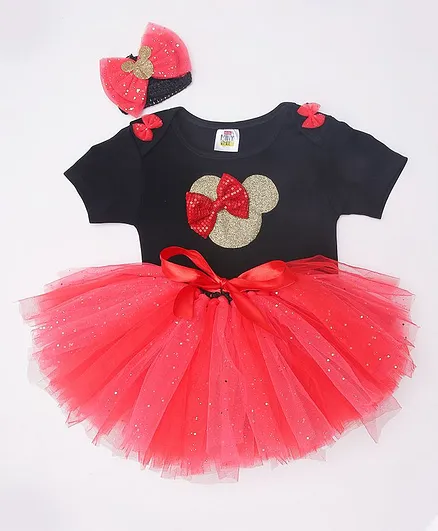 TINY MINY MEE Bow Embellished Half Sleeves Onesie With Tulle Skirt & Headband - Black & Red