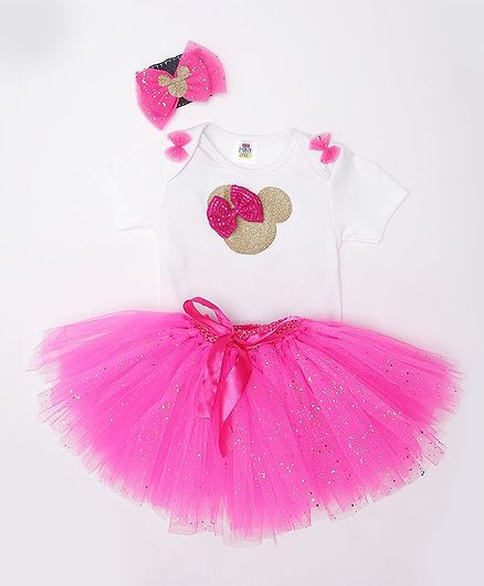 TINY MINY MEE Bow Embellished Half Sleeves Onesie With Tulle Skirt & Headband - White & Magenta