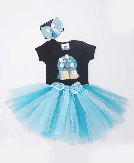 TINY MINY MEE Tassels Half Sleeves Onesie With Skirt & Headband - Black & Blue