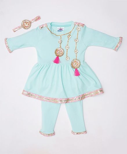 TINY MINY MEE Tassels & Flower Detailed Full Sleeves Dress With Leggings - Green