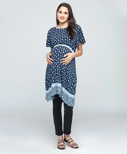 CHARISMOMIC Half Sleeves Printed Long Top - Navy