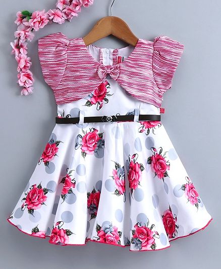 Twetoons Short Sleeves Floral Printed Frock with Belt - White Pink