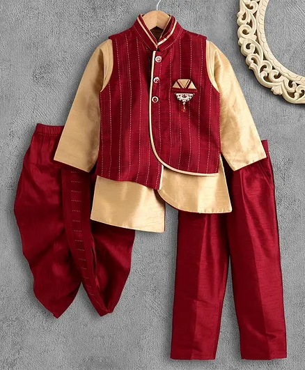Dapper Dudes Full Sleeves Solid Kurta With Jacket Dhoti & Pyjama Set - Maroon
