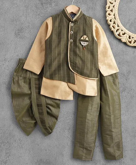 Dapper Dudes Full Sleeves Solid Kurta With Jacket Dhoti & Pyjama Set - Green