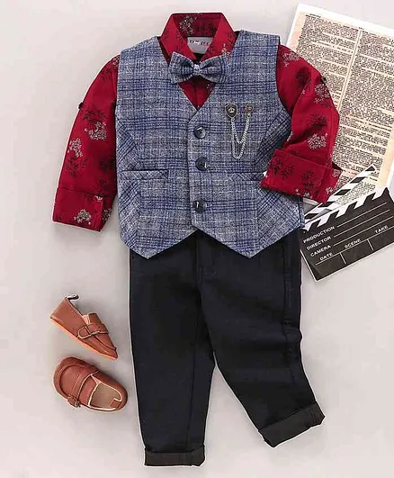 Dapper Dudes Full Sleeves Printed Shirt With Checkered Waistcoat & Bow & Pants Set - Red