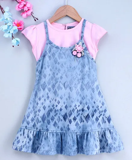 Enfance Core Cap Sleeves Tee With Self Design Dress - Light Pink