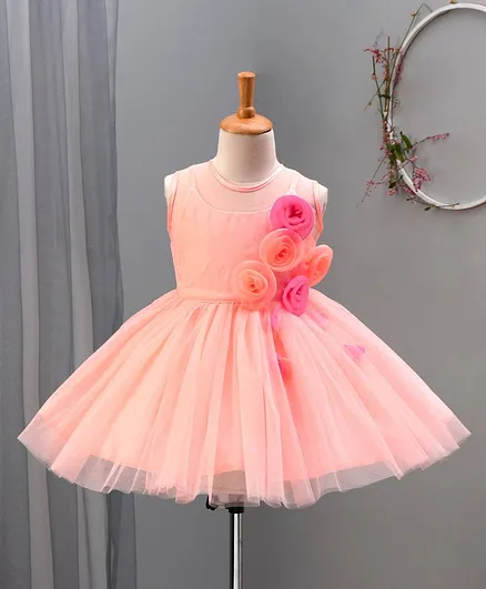 Enfance Flower Applique Sleeveless Flared Party Dress - Peach