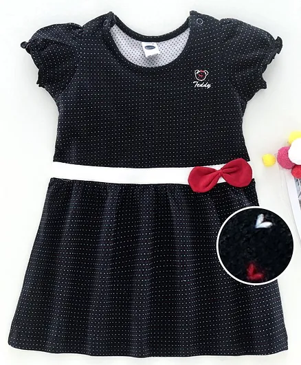 Teddy Puffed Sleeves Frock Polka Dot Print - Navy Blue
