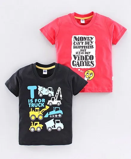 Teddy Half Sleeves Tee Truck Print Pack of 2 - Red Black
