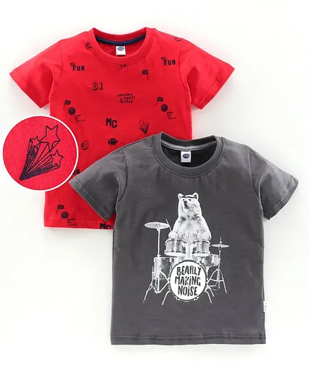 Teddy Half Sleeves Printed Tee Pack of 2 - Red Grey