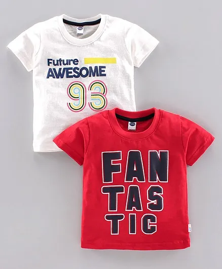 Teddy Half Sleeves Tee Text Print Pack of 2 - White Red