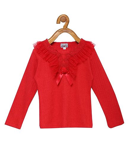 Peek a boo Zoo Full Sleeves Small Flower Embroidery Casual Knitted Top - Red