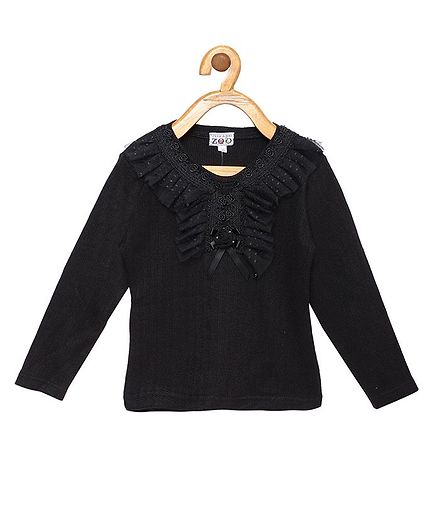 Peek a boo Zoo Full Sleeves Small Flower Embroidery Casual Knitted Top - Black