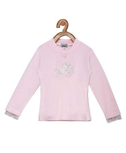 Peek a boo Zoo Full Sleeves Flower Embroidery Pearl Knitted Top - Pink
