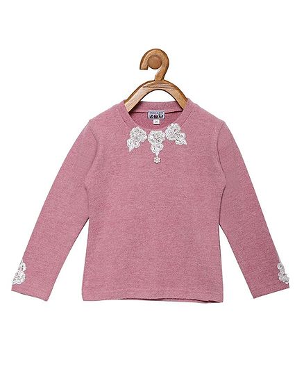 Peek a boo Zoo Full Sleeve Solid Flower Design Sweater Top - Pink