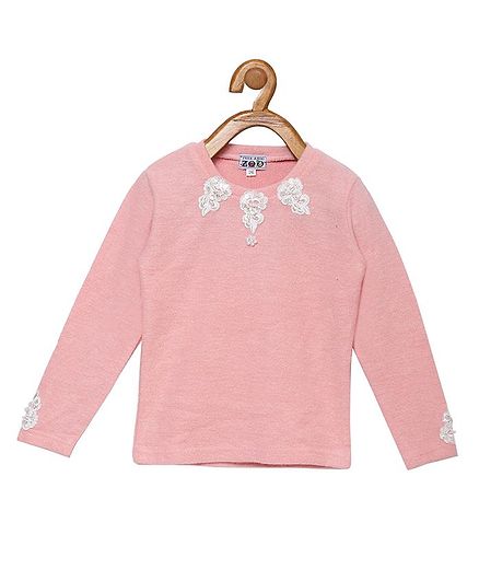 Peek a boo Zoo Full Sleeve Solid Flower Design Sweater Top - Peach