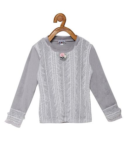 Peek a boo Zoo Full Sleeve Netted Embroidery Sweater Top - Grey