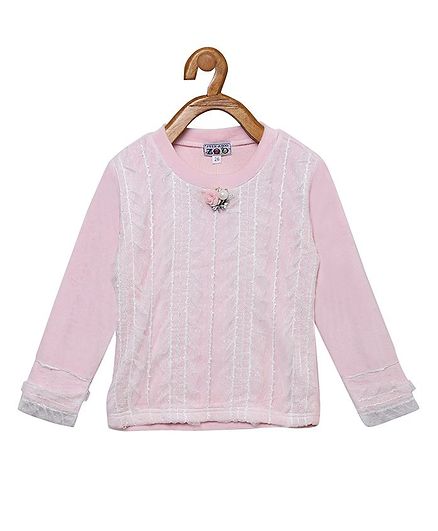 Peek a boo Zoo Full Sleeve Netted Embroidery Sweater Top - Pink