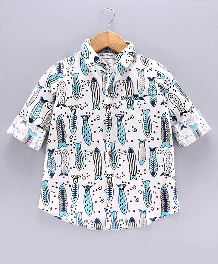 Saka Designs Full Sleeves Shirt Fish Print - White