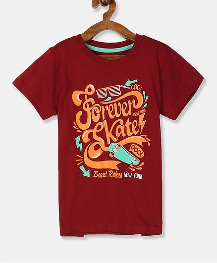 Cherokee Half Sleeves Forever Skatez Print T-Shirt - Maroon