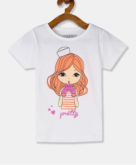 Cherokee Short Sleeves Glitter Girl Printed T-Shirt - White