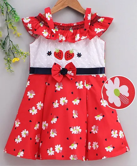 Enfance Core Cap Sleeves Floral Print Dress - Red