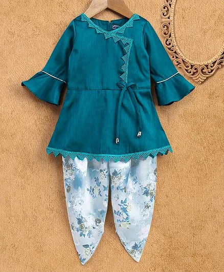 Enfance Bell Sleeves Flared Kurta With Flower Printed Dhoti - Green