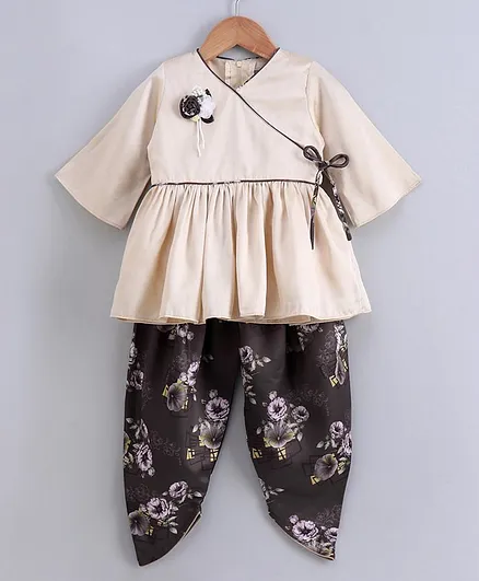 Enfance Three Fourth Sleeves Angrakha Kurta With Floral Print Dhoti Pants - Beige
