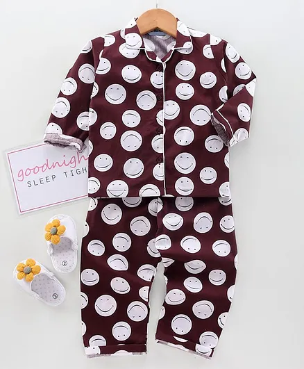 Enfance Core Full Sleeves Smiley Printed Night Suit - Dark Coffee