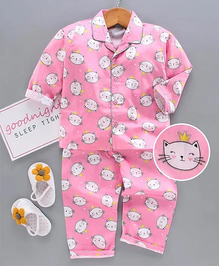 Enfance Core Cat Face Print Full Sleeves Night Suit - Pink