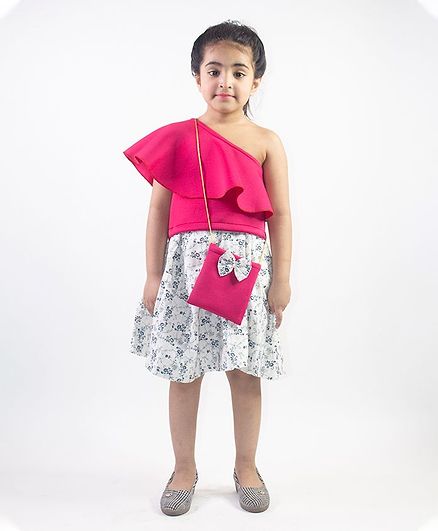 Ruviero Short Sleeves One Shoulder Top With Printed Skirt & Sling Bag - Pink White