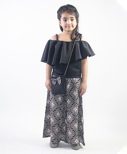 Ruviero Short Sleeves Cold Shoulder Top With Printed Skirt - Black